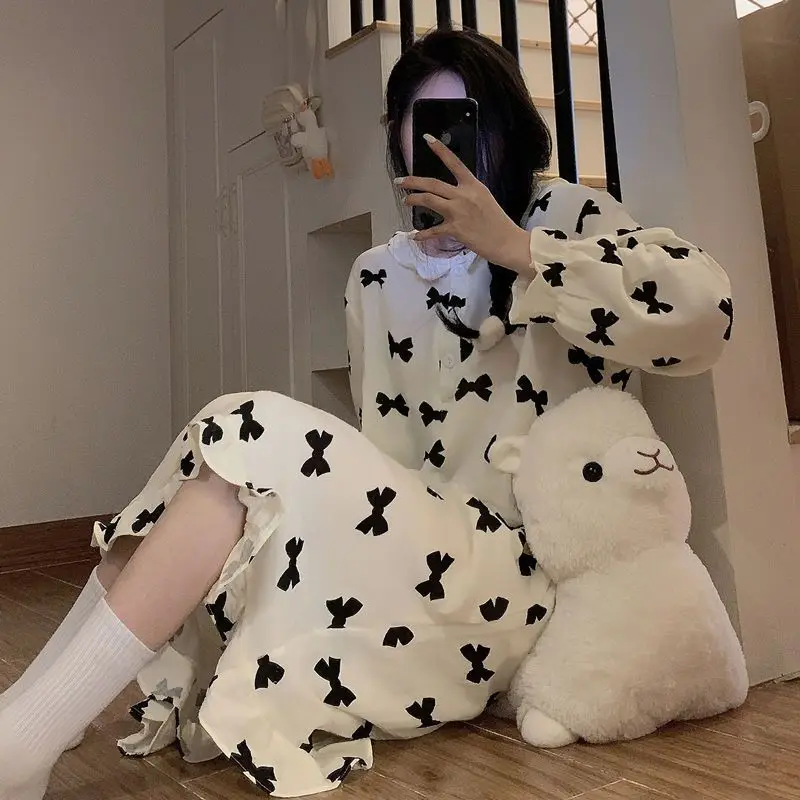Korean Women Spring Autumn Pajamas Long Sleeve Sweet Pyjamas Round Collar Printed Nightgown Lacework Single Breasted Sleepwear