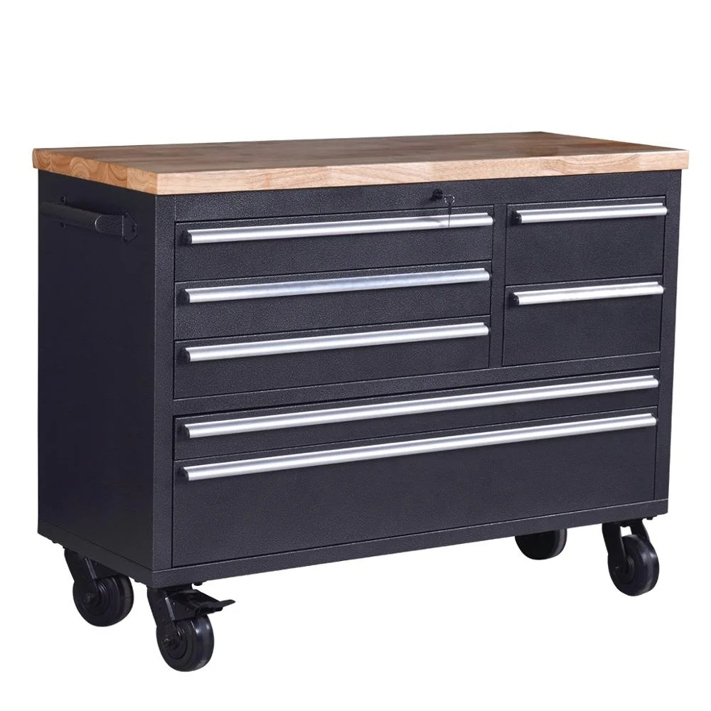 Rubberwood Top Mobile Workbench 7-drawer Cabinet Tool Garage Storage Tool Trolley