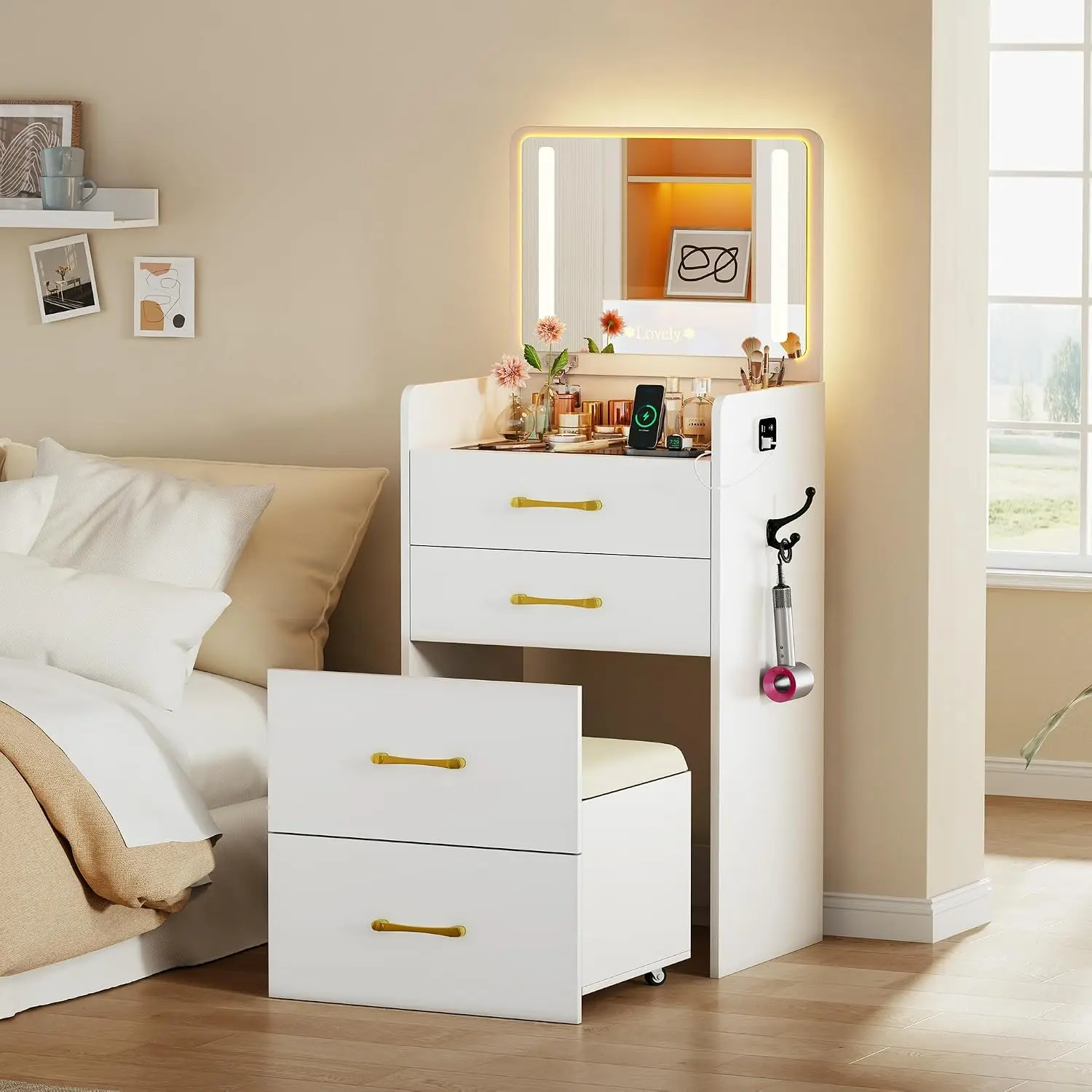 White Glass Top Vanity with Mirror & Sensor Lights, Charging Station, 3 Drawers, Rolling Stool, Bedroom, Customized