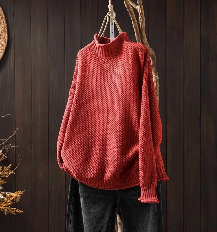 

Loose Women's f-High Collar Knitted Sweater Autumn Winter Overhead Long Sve Top Comfortable Versatile Base Layer irt