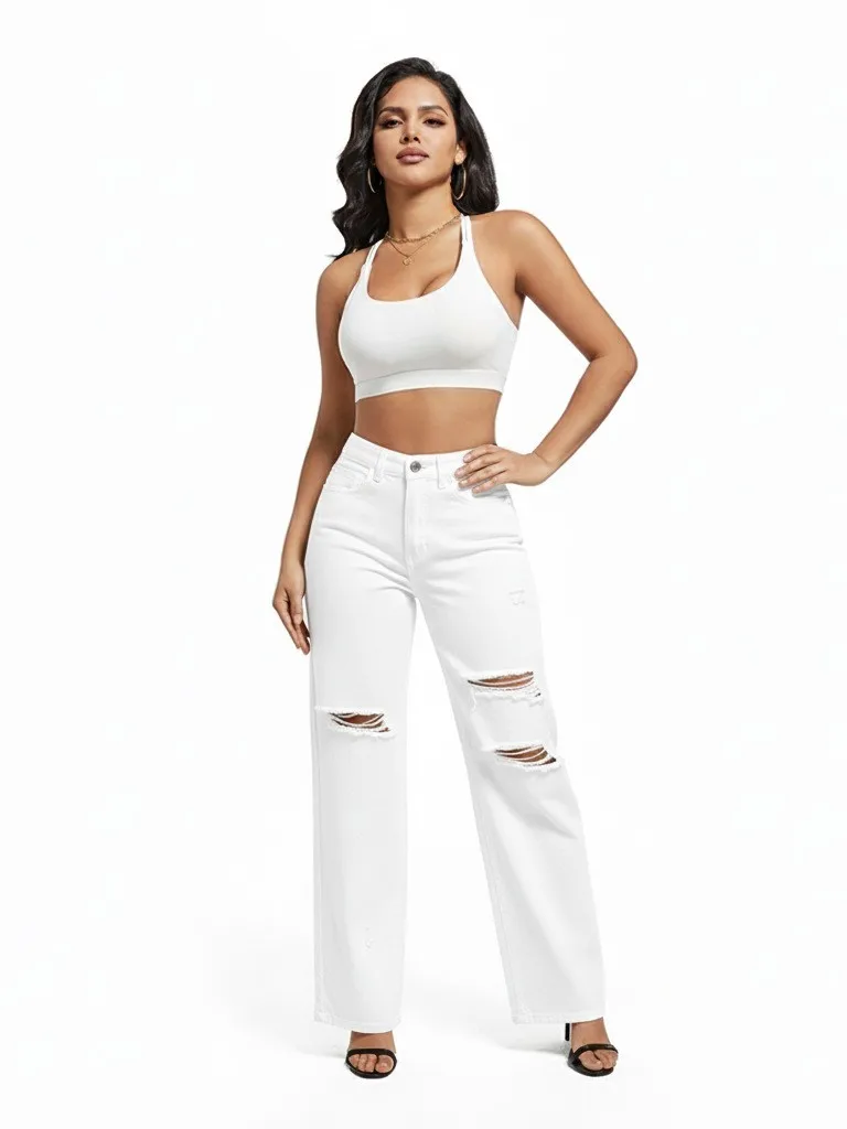 

Faionable Slim Fit Long Ripped Jeans Urban Sle High Waist Straight Leg Jeans Casual Comfortable Stretch Denim Pants