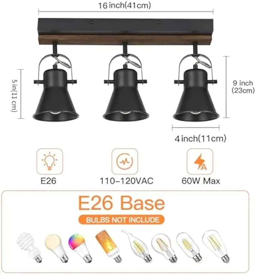 3-Light Track Lighting Kit,Black Semi Flush Mount Ceiling Light with 3 Rotatable Light Heads,Modern Farmhouse Lighting