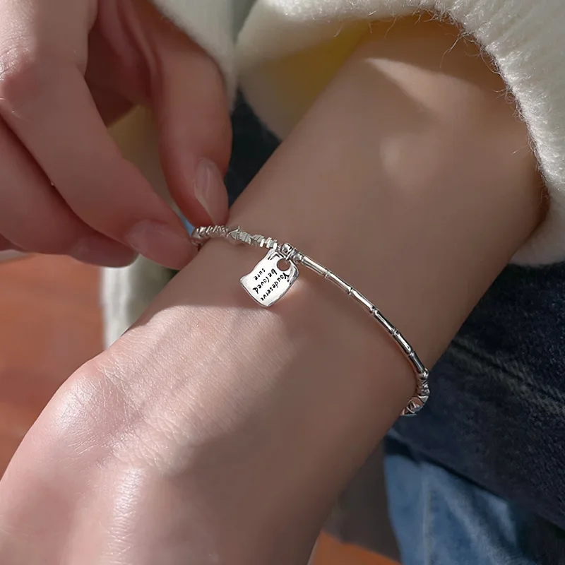 925 Sterling Silver Bracelet Heart Square Irregular Bead Geometric Punk For Woman Girl Fashion Jewelry Gift Dropship Wholesale