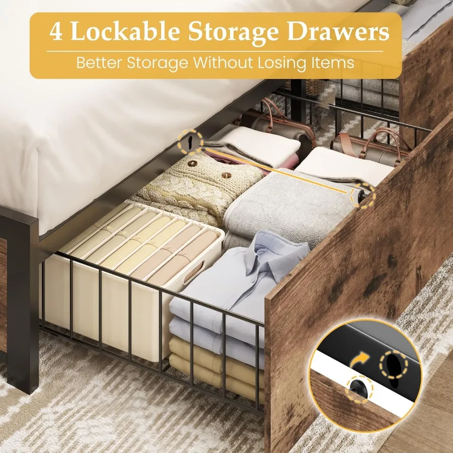 إطار سرير كينج مع إطار سرير بمنصة معدنية للتخزين بطبقتين مع 4 أدراج تخزين مدمجة في محطة شحن LED ضوضاء