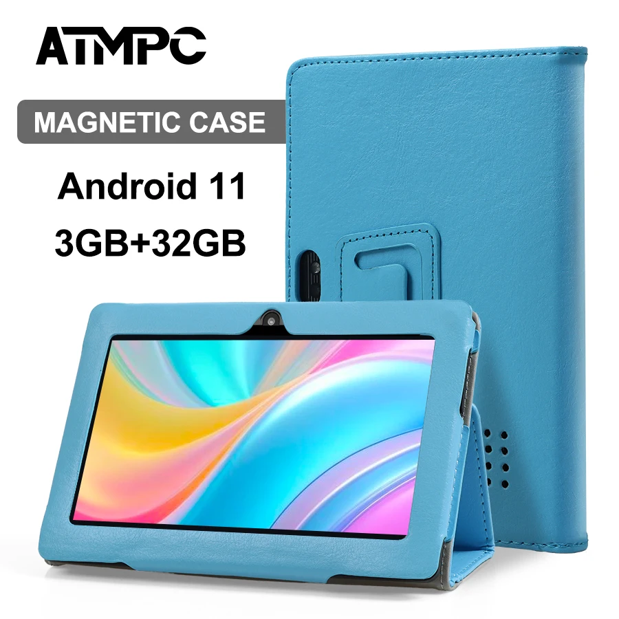 Tablet ATMPC da 7 pollici, Android 11, 3 GB di RAM+32 GB di ROM, Quad-Core, 3500 mAh, WIFI, BT 4.2, display IPS 1024*600, tablet con custodia magnetica