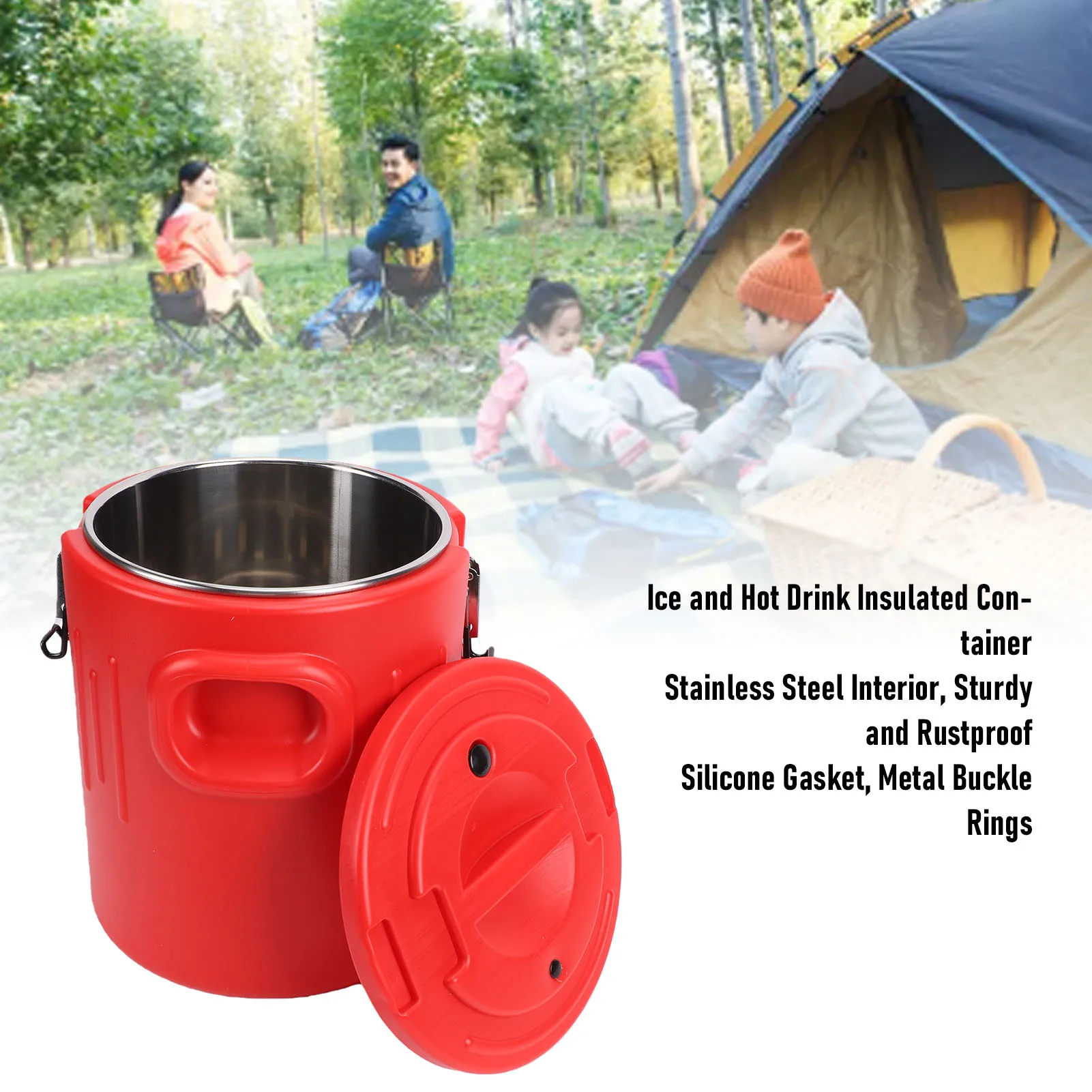 20L Insulated Food Container with 2 Buckle Rings Portable Ice and Hot Drink Stainless Steel Bucket for Canteen Hotel Home Use