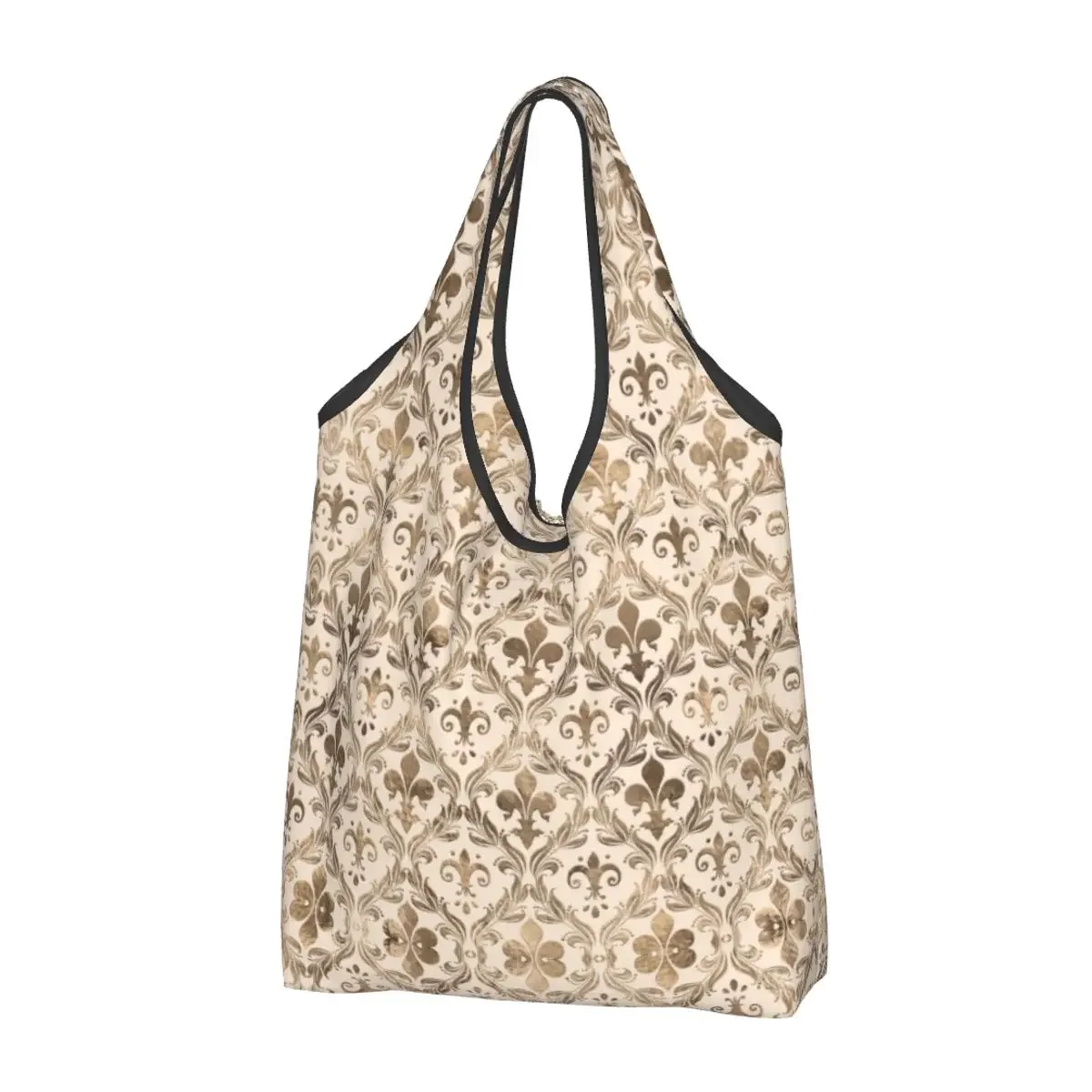 Recycling Retro Fleur De Lis Pattern Pastel Gold Shopping Bag Tote  Portable Royalty Lily Flower Petals Grocery Shopper s