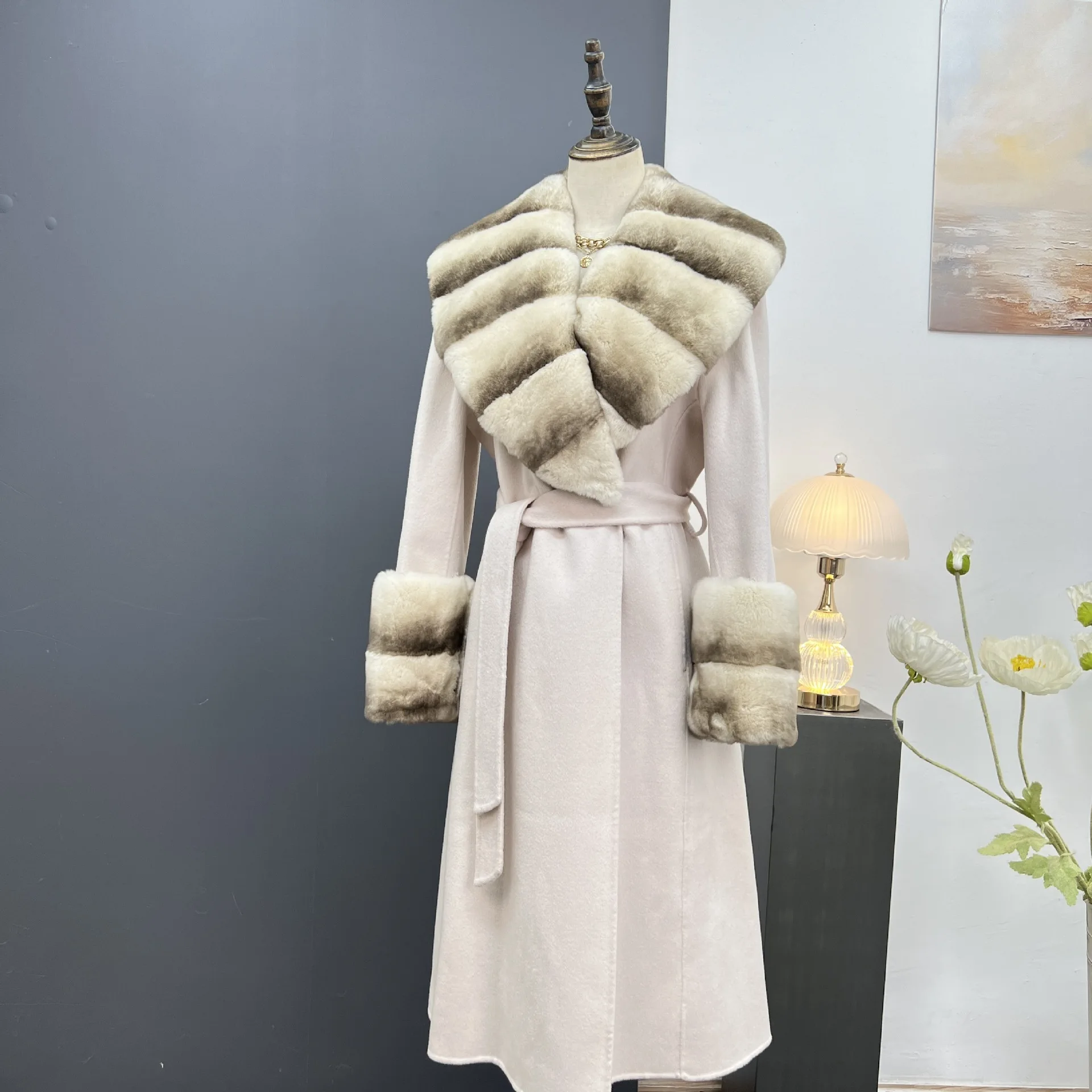 Autumn and winter new double-sided cashmere coat women's long style imitation dragon cat otter rabbit big fur collar real fur