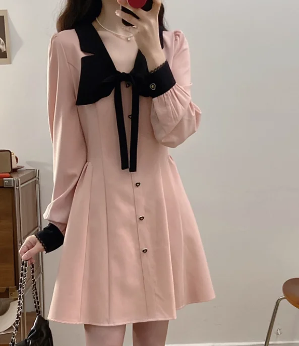 ربيع الخريف كبير الحجم دمية طوق الفرنسية الوردي القوس فساتين اليابانية عالية الخصر ألف خط طويلة الأكمام الحد من العمر الفتيات اللباس #6