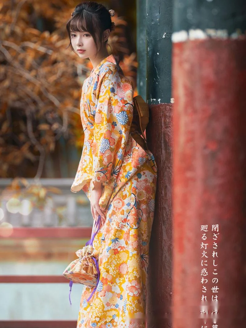 New Kimono Women's Dress Improvement Japanese Bathrobe Yellow Cute Goddess Girl Kimono Shooting Photo Dress