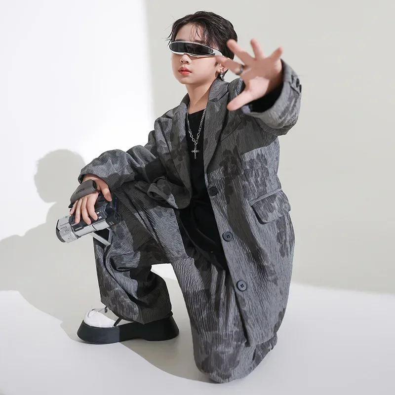 Children Boys Grils Print 2PCS Suits Sets Streetwear Fashion Loose Casual Suit Blazer Jacket Pant Tracksuits Kids Stage Clothes