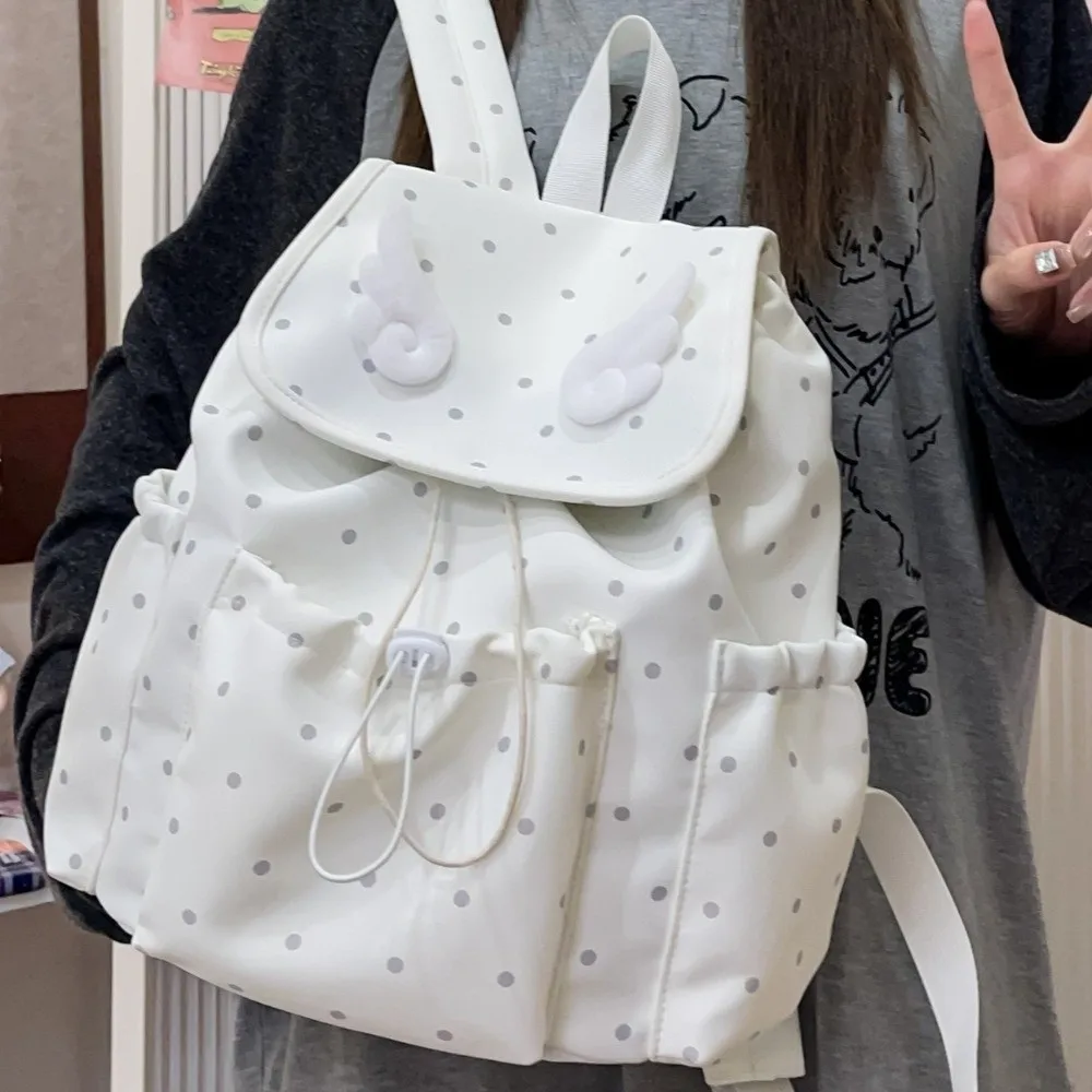 Polka-Dot Print Drawstring Backpack Drawstring Closure Flap Design Bookbag Backpack Casual Style Angel Wing Decor Flap Backpack