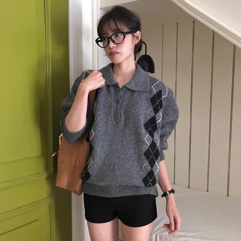 

Chic Autumnal Vintage Preppy Sle Ne Long Sve Soft Knitted Sweater Women's Faion Commute Korean Loose Fit Regula...