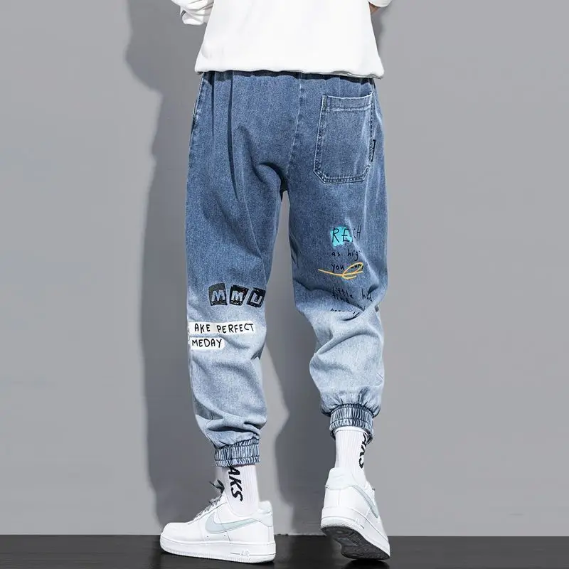 Men's Cuffed Jeans 2024 Korean Streetwear, Graffiti Ombre Baggy Pants Hip Hop Style, Spring Fall Tapered Joggers for Students