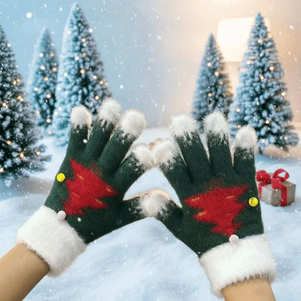 Red Green Christmas Gloves Knitted Woolen Elastic Wrist Winter Knit Mittens Thick Lining Double Colored Touchscreen Full Finger
