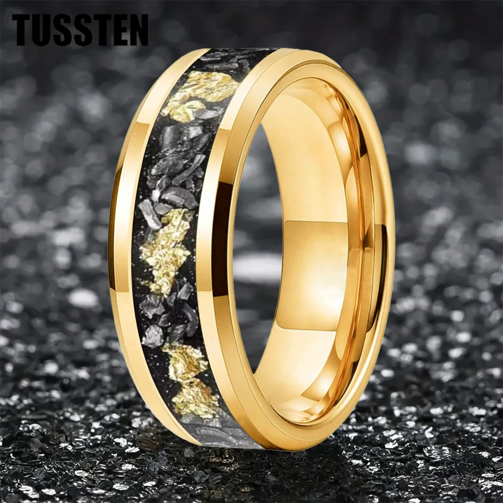 

TUSSTEN 6/8MM Beveled Edges Mens Womens Fashion Engagement Wedding Band Meteorite Gold Foil Inlay Tungsten Carbide Rings