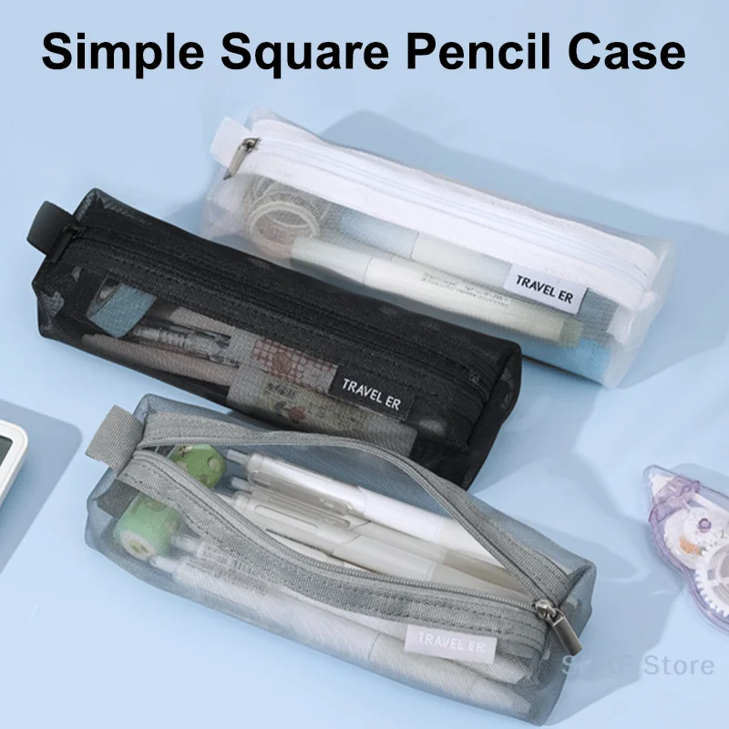 Estojo de lápis de malha transparente kawaii bonito simples bonito saco organizador escritório estudante papelaria material escolar