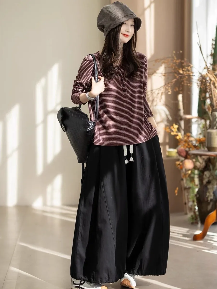 Artistic Casual Wide Leg Pants Women's High Waist Cotton Straight Cut Loose Fit Diagonal Stripe  Color Two-Way Lantern P...