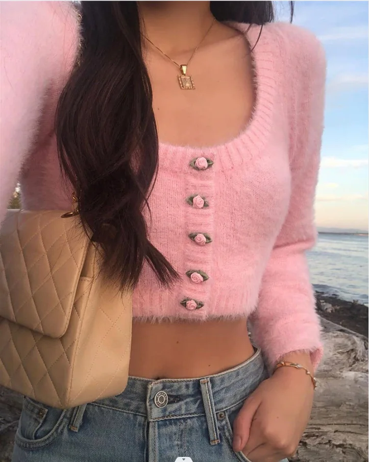 Women's Short Sweater Winter Slim Fit Sexy Elegant Sweet Girl Style Fashion Fluffy Rose Button Round Neck Long Sleeve Knitted