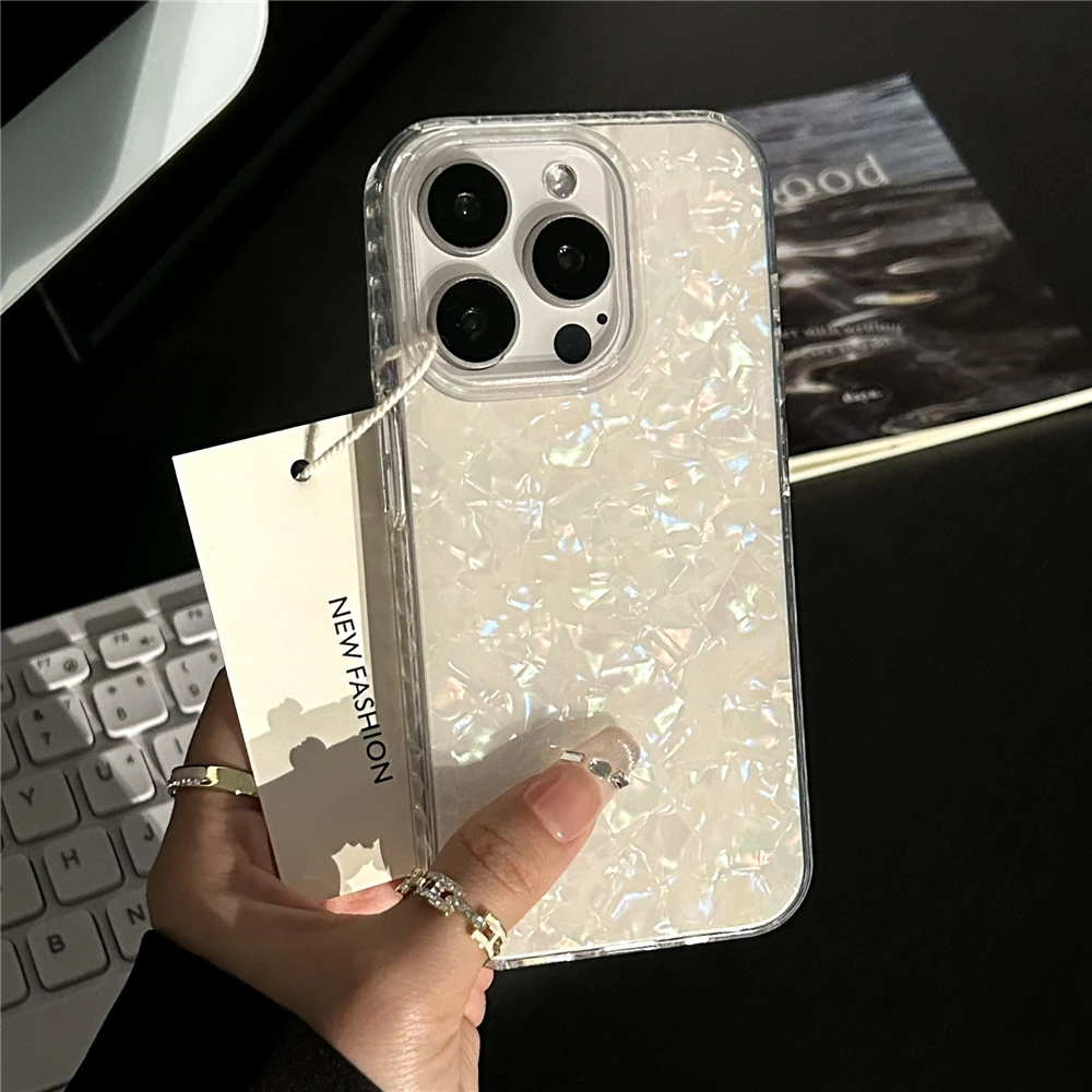 Luxury Aurora Glossy Shell Pattern Case For iPhone 16 Pro Max 15 14 Plus 13 12 11 Aurora Laser IMD Shockproof Protection Cover image 6