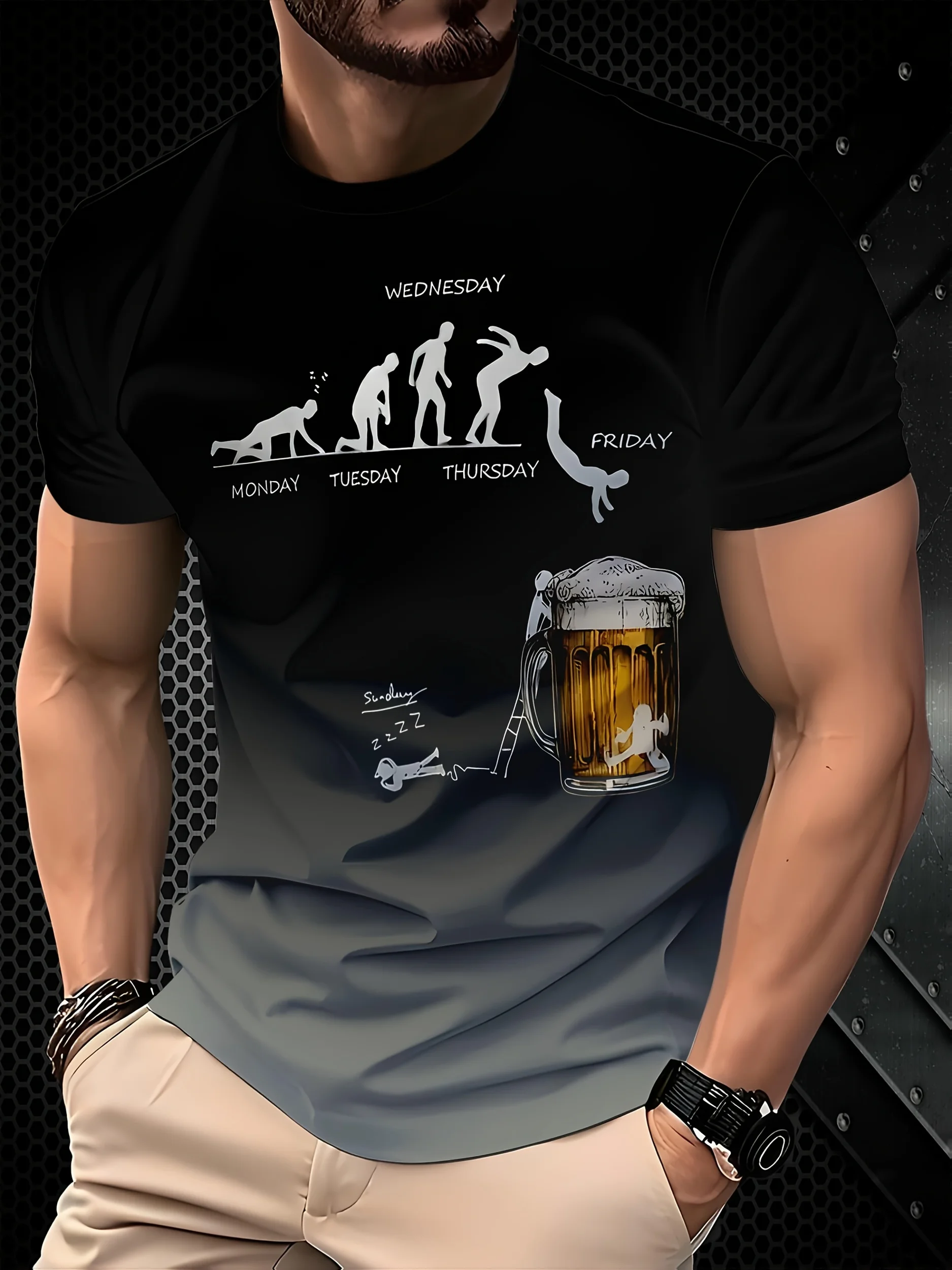 T-shirt pour homme imprimé en 3D avec motif dégradé de bière - Evolution of for Man & Beer Meme, col rond décontracté à manches courtes, mélange de polyester, été