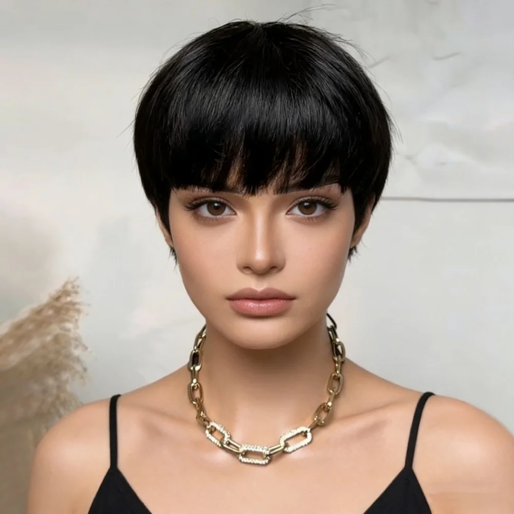 

Прямые парики из натуральных человеческих волос с стрижкой пикси для женщин, полностью машинной работы, натурального цвета.