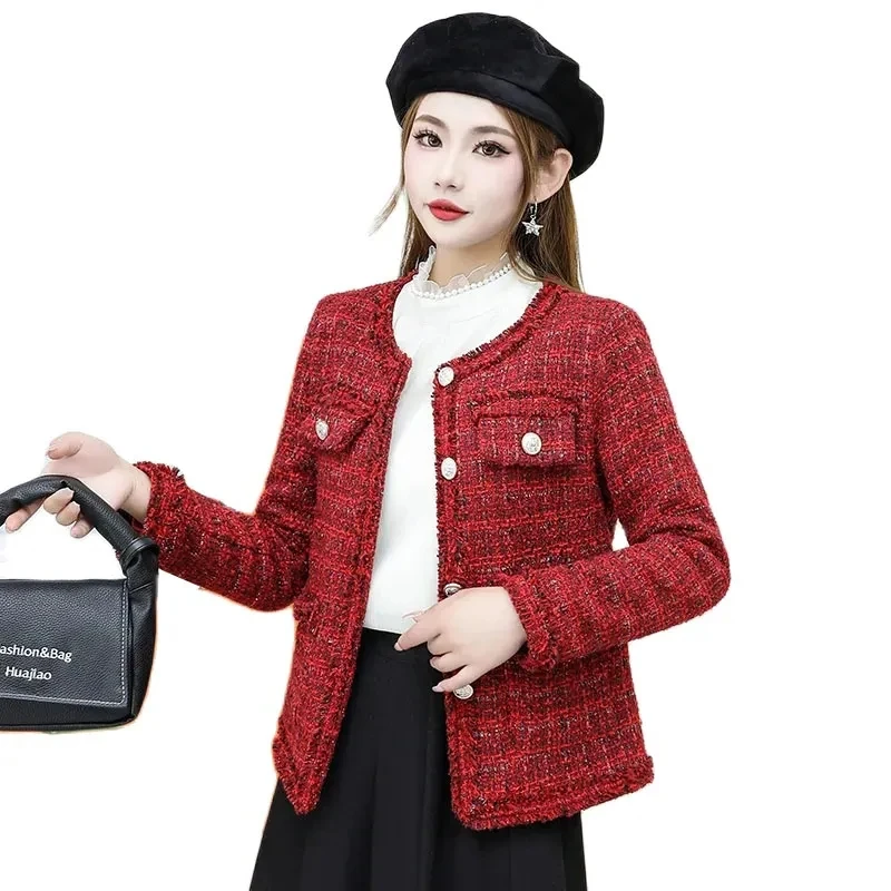 

Small Fragrance Coat Women Thickened Autumn Winter New Temperament Round Neck Weaving Joker Little Tweed Coats Ladies Short Top