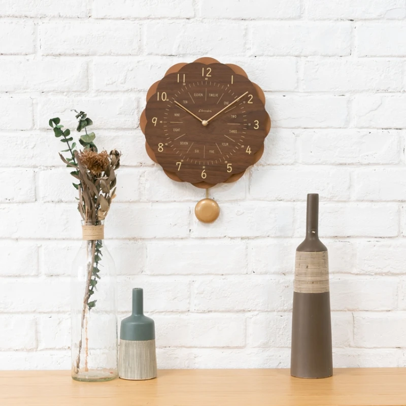 New Style Solid Wood Wall Clock Creative Children's Room Decoration Sunflower Shape Wooden Walnut Oak Swing Quartz Wall Clock