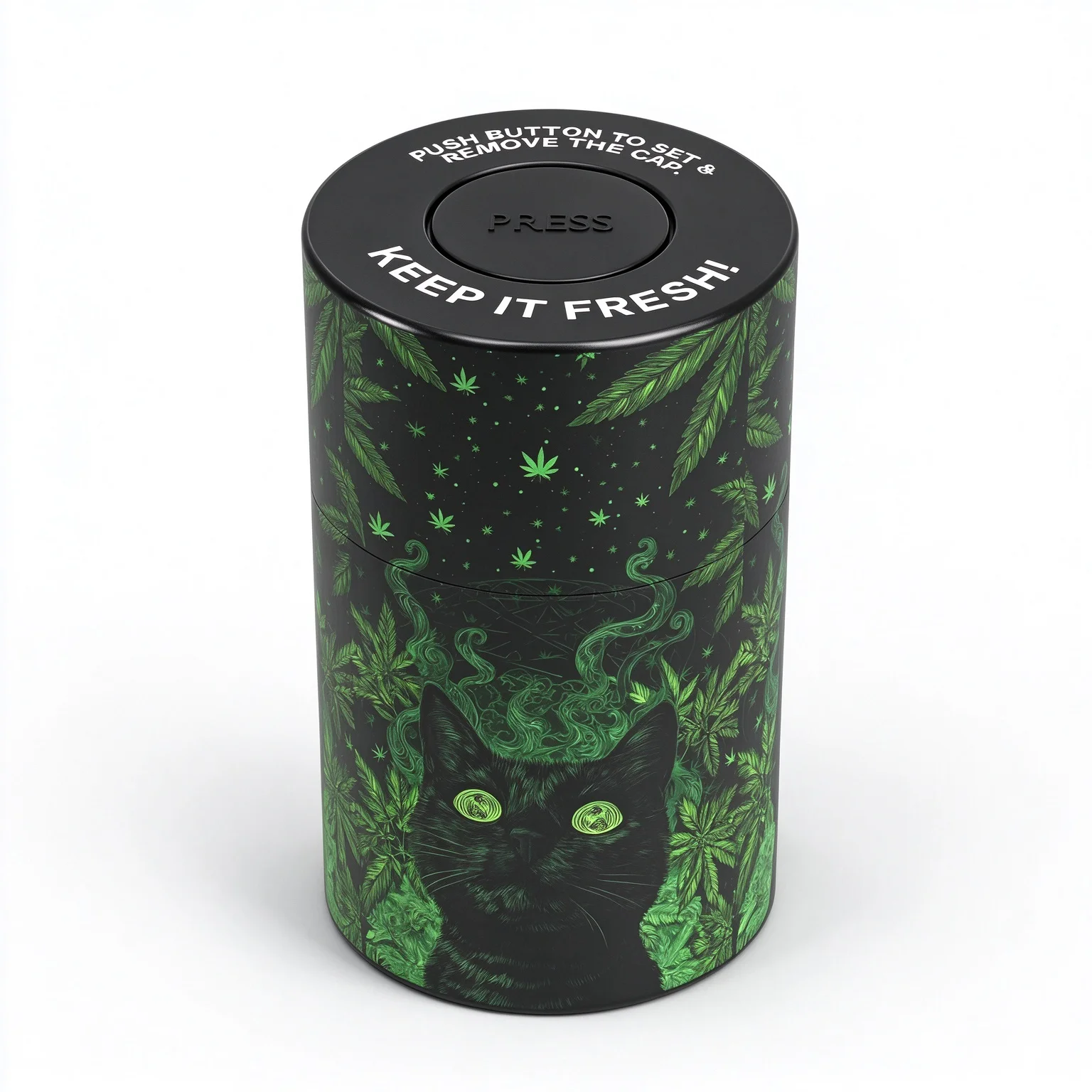 Black Cat Psychedelic Push Button Airtight Plastic Stash Jar Odor Resistant Fresh Canister