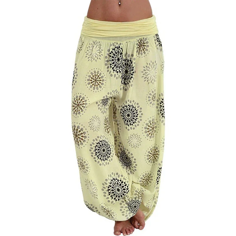 Nowa moda damska Boho z szeroką nogawką spodnie damskie na co dzień z kwiatowym z nadrukiem luźne spodnie Vintage Pilates elastyczne spodnie w talii