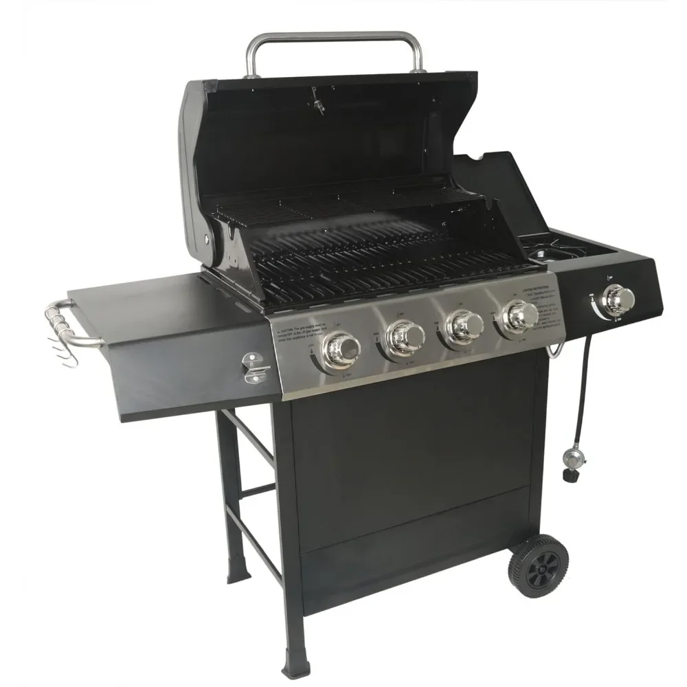 

Outdoor BBQ Propane Gas Grill for Barbecue Cooking with Side Burner, Lid, Wheels, Shelves and Bottle Opener, 4 Burner, BBQ Grill