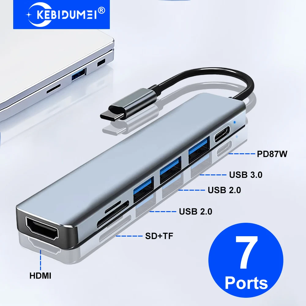 

Док-станция USB C 7-в-1, концентратор TYPE-C, концентраторы USB 3.0, адаптер USB C к HDMI, 4K30 Гц/5 Гбит/с/PD87W/SD/TF, USB-разветвитель для ПК, ноутбука