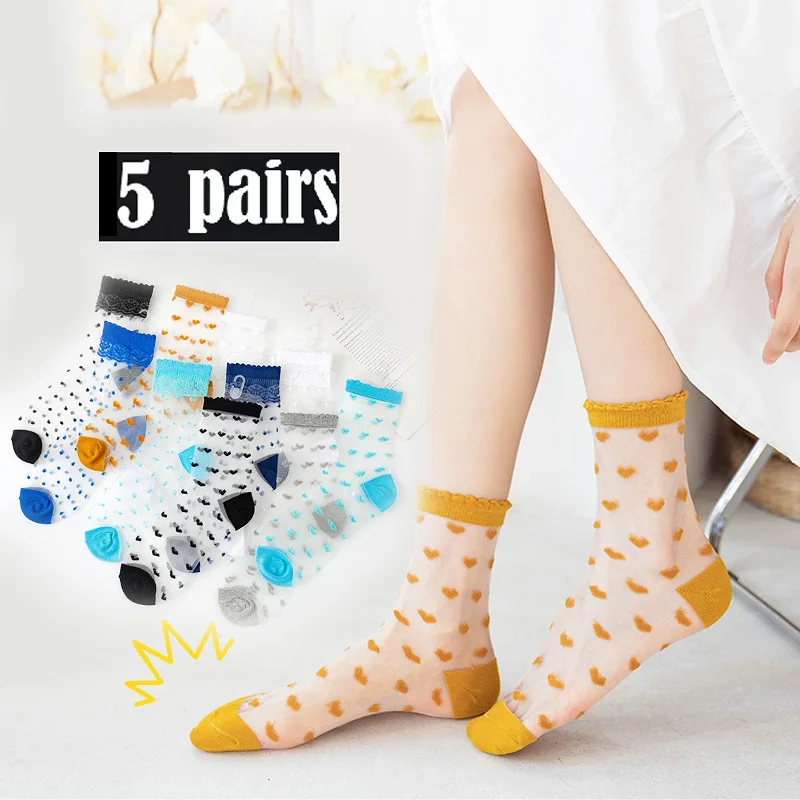 5pairs Women\'s Lace Socks Summer Fashion Sexy Transparent Thin Socks Women Non-slip Ultra-thin Socks Female Ankle Sock