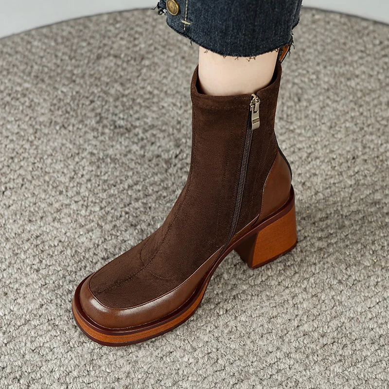 

2023 Autumn winter women ankle boots natural leather 22-25cm Elastic flock+cowhide+pigskin modern boots side zip Elastic boots