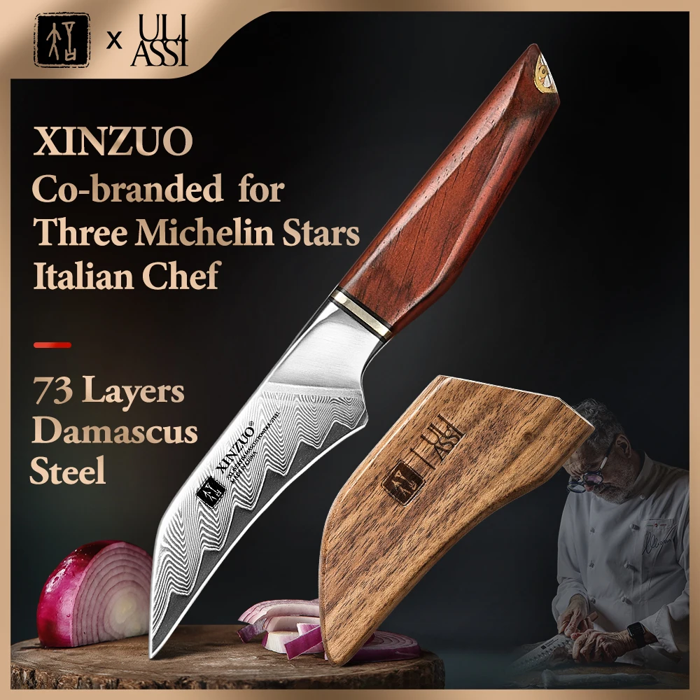 XINZUO Professional Paring Knife 73 Layer Damascus Powder Steel 14Cr14MoVNb Core 62 HRC Rosewood Handle With Brass Rivets