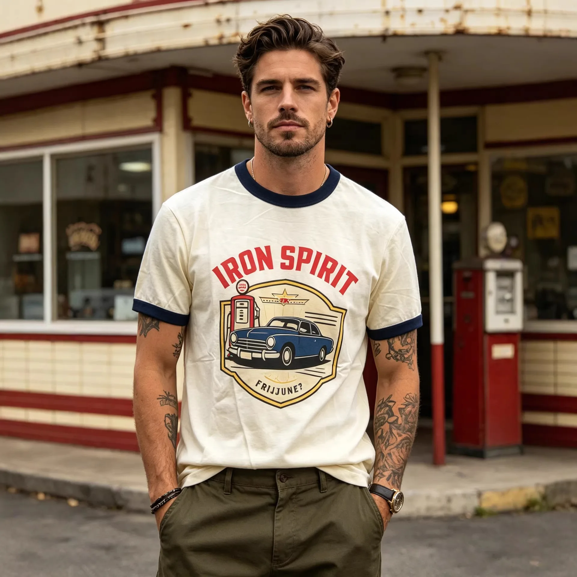 American Vintage Car Gas Station Contrast Color Ringer Short-Sleeve T-Shirt Summer 200gsm 100% Cotton Washed Two-Tone Ribbed Tee
