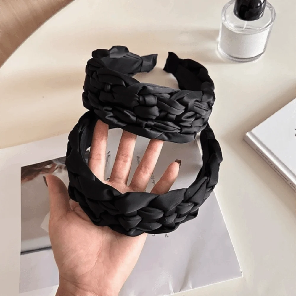 

Handmade Satin Braided Hairband Padded Design Thickened Black Headband Korean Style Wide Women Head Hoop Ladies