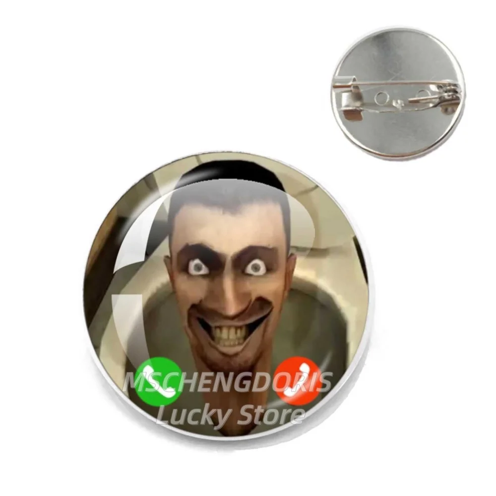Skibidi Toilet is Calling Answer Call Phone Humor Funny Game Cartoon Glass 25MM Brooch Graphic Meme Lapel Bag Clothes Pins Gift