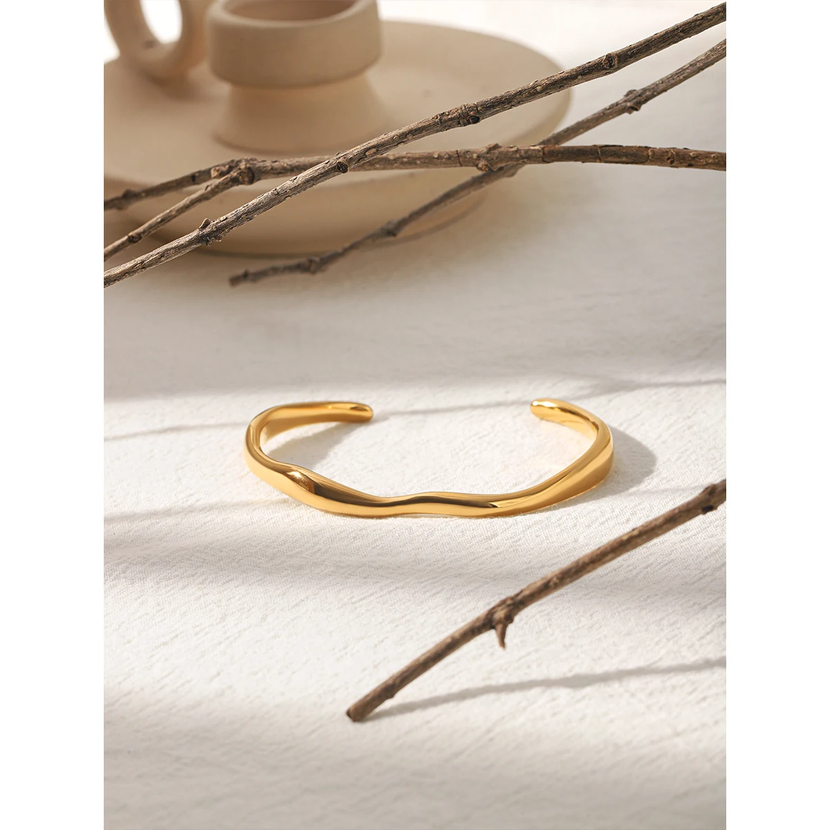 

Stainless Steel 18K Gold Plated Twisted Wave Cuff Bangle Waterproof Hypoallergenic No Fade for Women Daily Office Party Gift