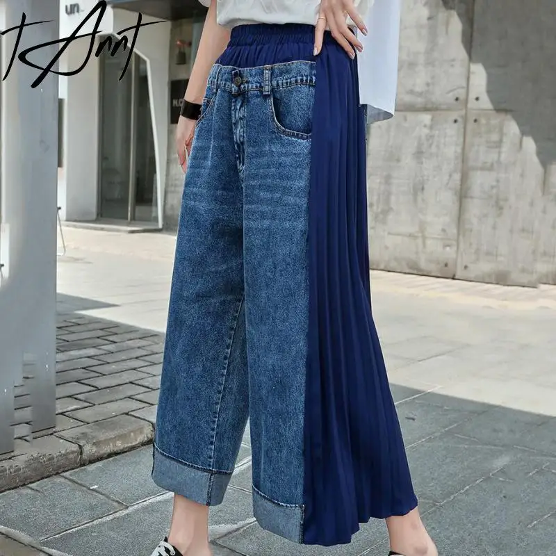 

Tannt Women Pant Asymmetry Patchwork Color Matching Wide Leg Pants Irregular Color Matching Calf-length Pants 2024 New