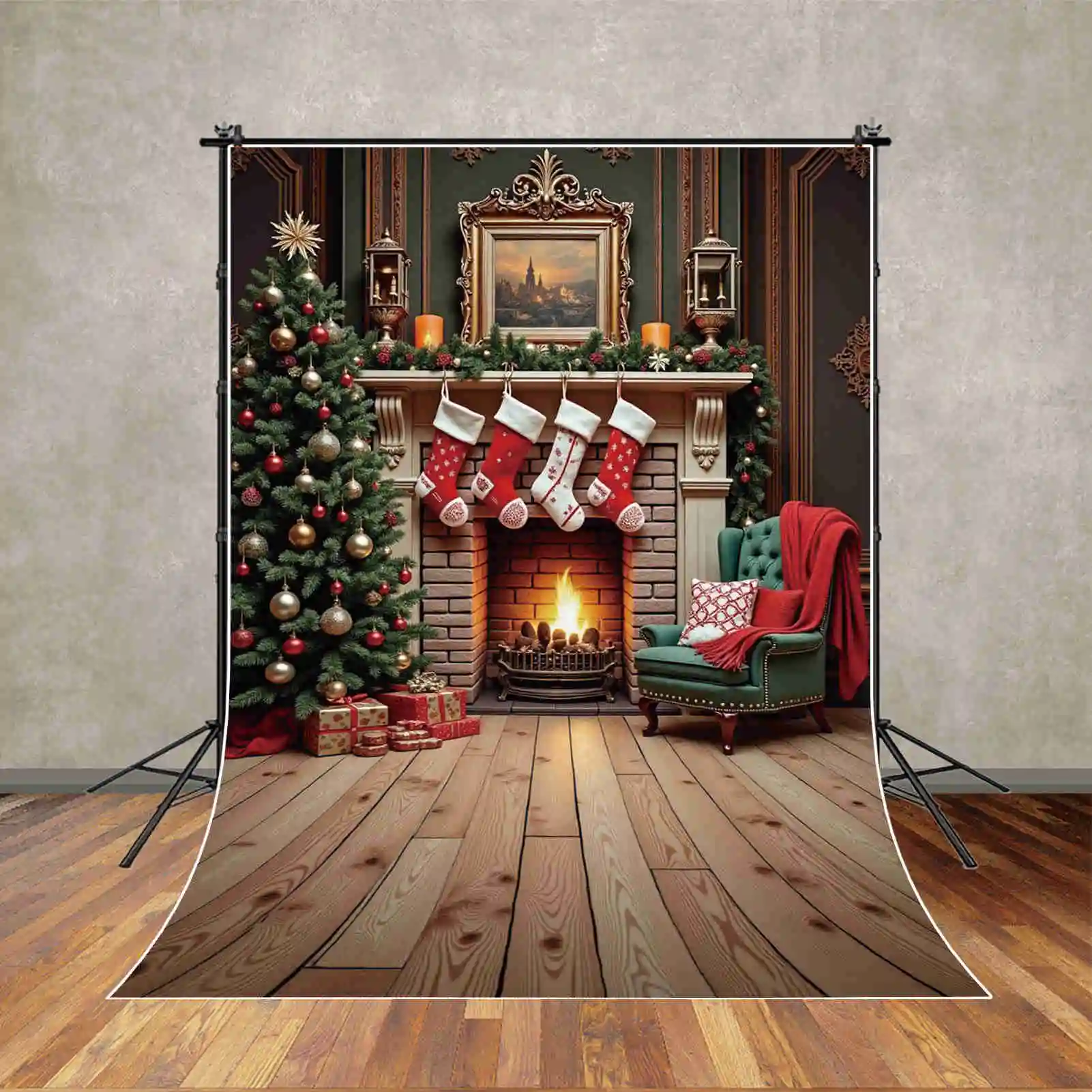 MOON.QG 크리스마스 벽난로 배경 사진, 실내 선물, 크리스마스 트리 포토존 배경, 어린이 스튜디오 포토존 액세서리