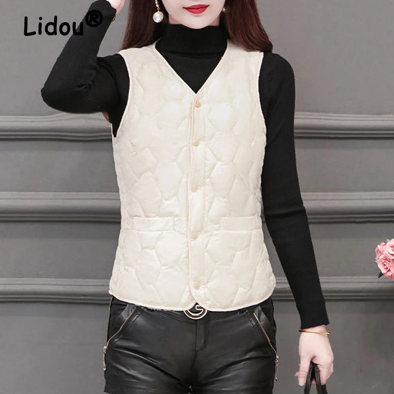 2023 Winter Women Fashion Elegant Slim Sleeveless Down Cotton Padded Coat Lamb Warm Vest Jacket Solid Button Outerwear Waistcoat