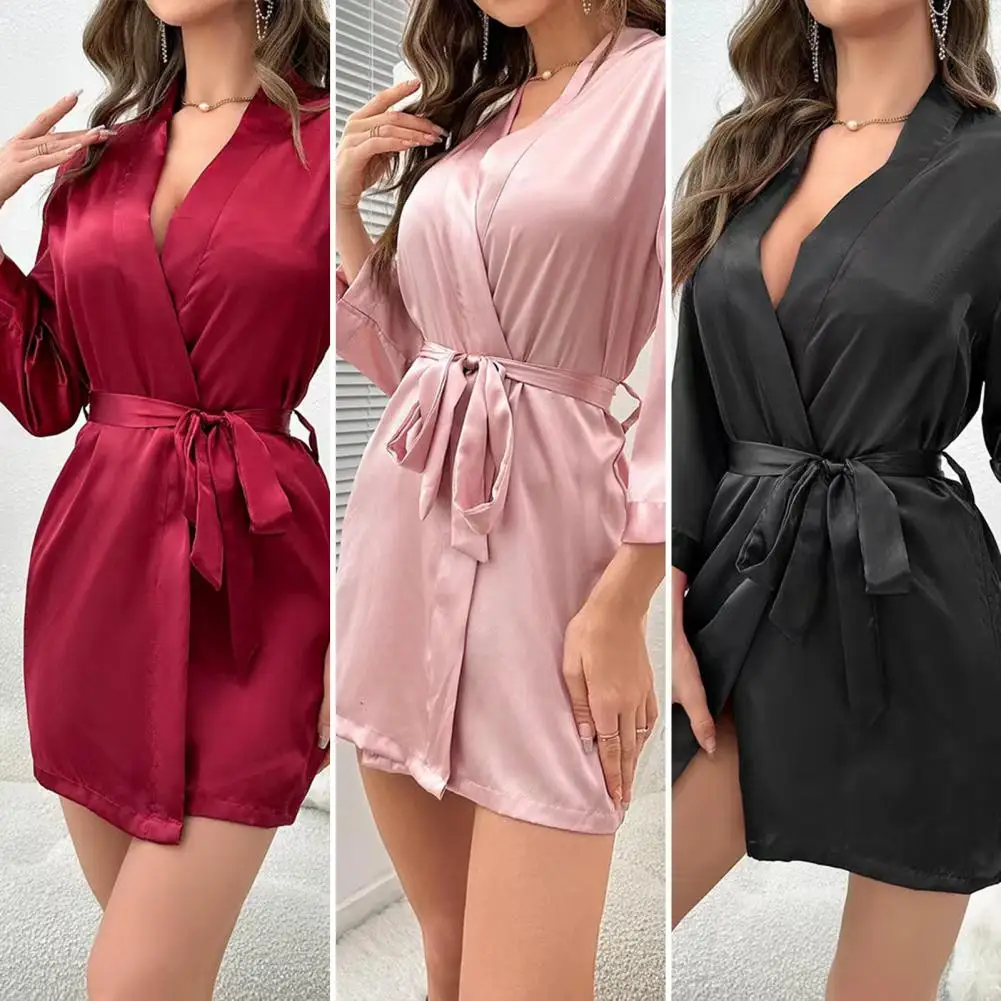 

Women's Short Kimono Robe Silky Satin Bathrobe Bride Bridesmaids Getting Ready Sleepwear Soft Nightgown