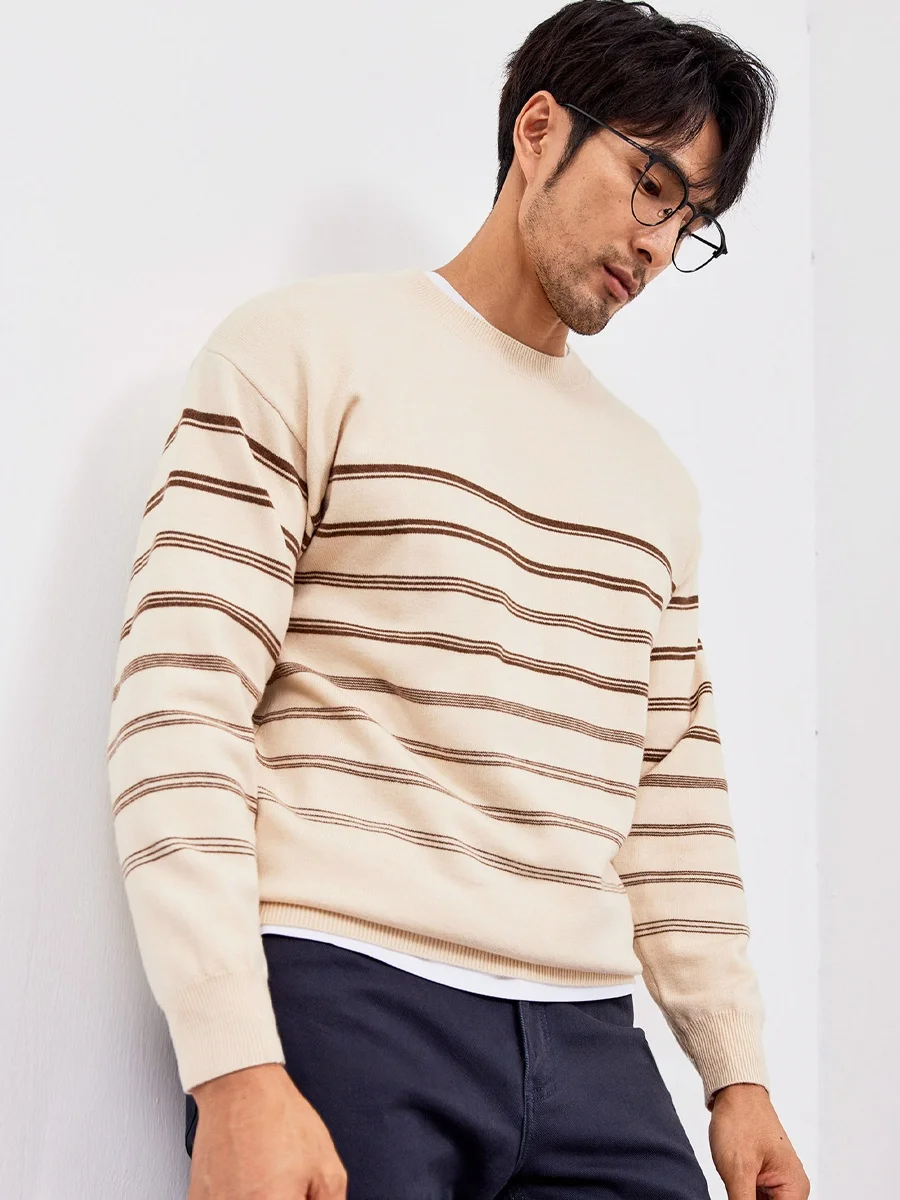 

Faionable Casual Knitted Modal Wool Sweater Men's Drop oulder Stripe Pattern Long Sve round Ne Autumn Winter Top