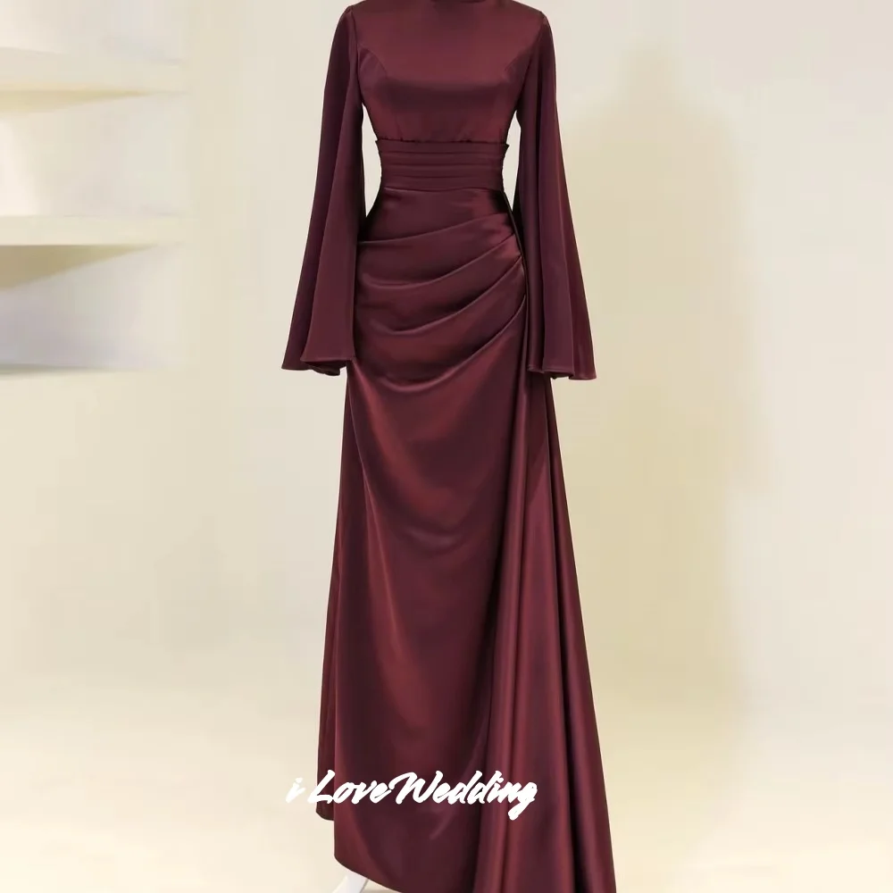 فساتين سهرة حمراء برقبة عالية 2025 ساتان كم طويل حورية البحر طول الأرض مطوي فستان حفلة موسيقية فساتين حفلات الزفاف حسب الطلب