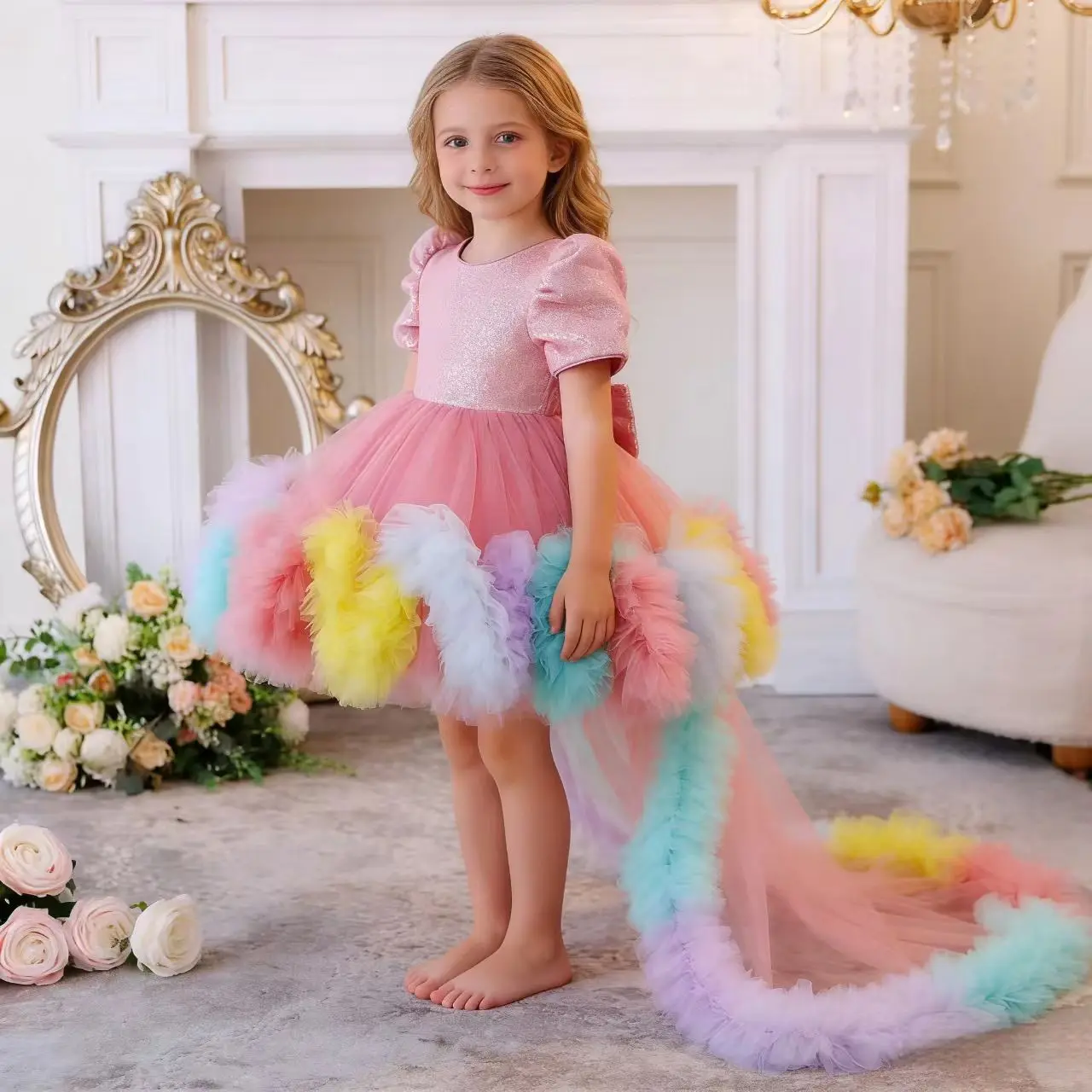 Elegant Girls Princess Rainbow Tail Dress 1-6 Years Old Baby Girl Fashion Show Performance Wedding Christmas Party Formal Ball