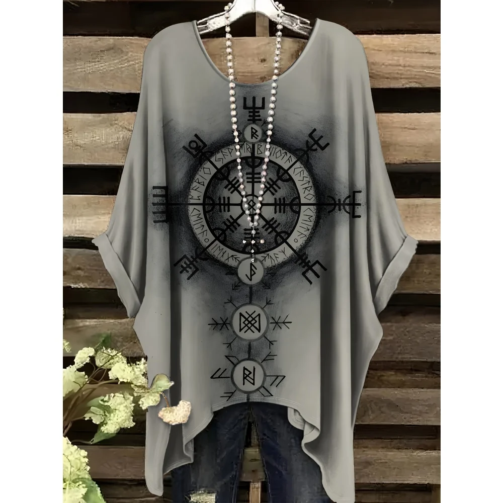 

Vintage Celestial Star Rune Designt-Shirt Bohemian Print O- Neck T-Shirt Irregular Hem Short Sleeve Tops Casual Women Clothes