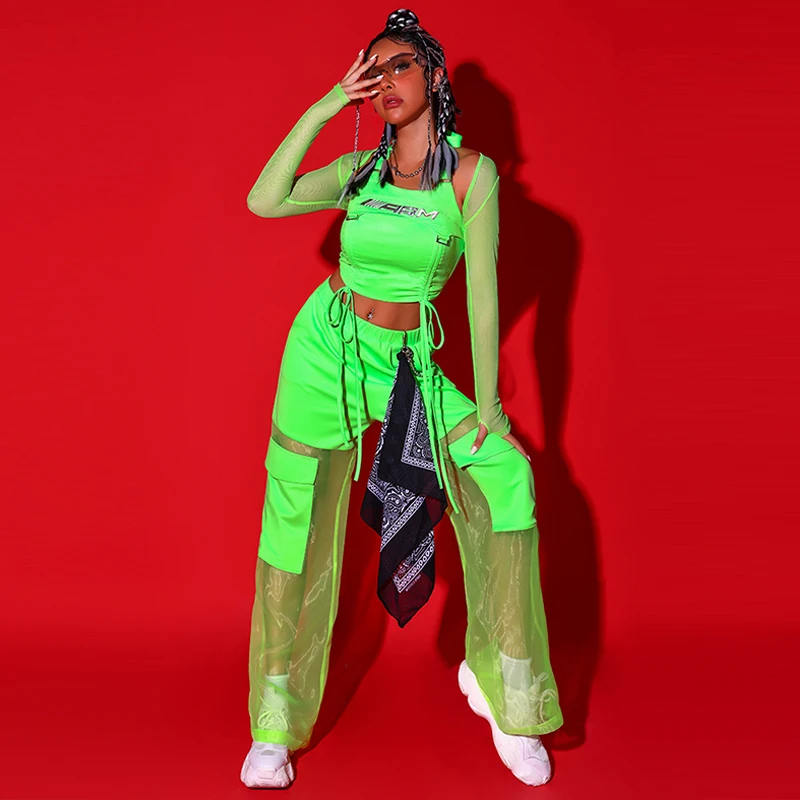 

Fluorescent Green Hip Hop Clothes Adult Women Kpop Jazz Dance Costume Gogo Dancer Performance Wear Party Rave Outfit DL10964