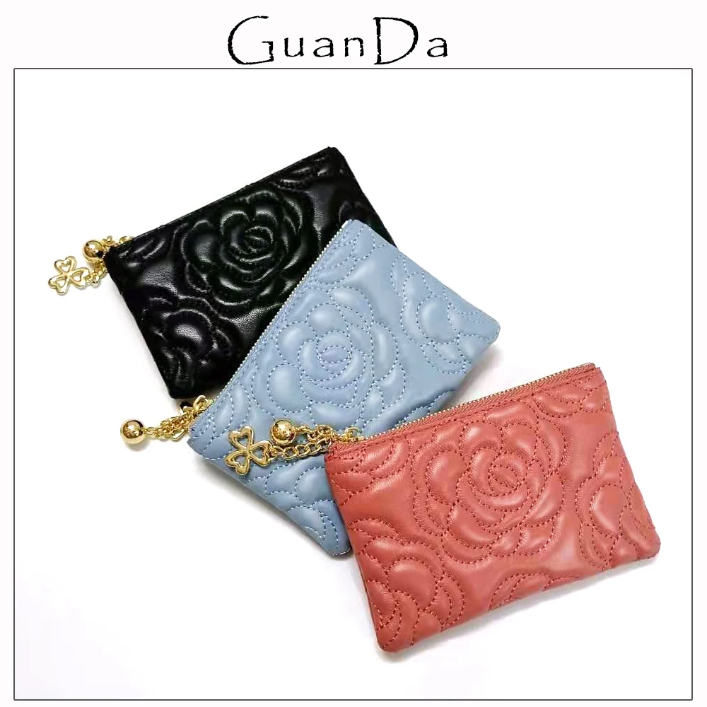 

Embroidered Camellia Leather Coin Purse With Keychain Soft Lambskin Small Zip Card Holder Pouch Gift Mini Women Wallet Money Bag