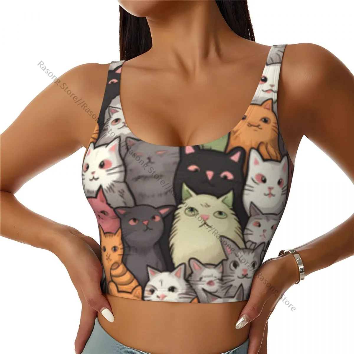 Yoga Vest Women Gym Sports Crop Tops Cute Cats Background Streetwear Workout Breathable Tank Top Female